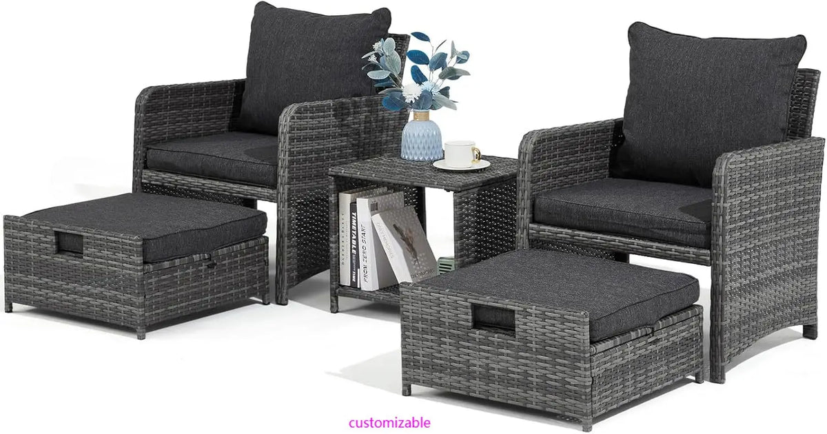 Wicker Patio Furniture Set, Balcony Furniture with Ottoman & Side Table for Lawn Pool Garden (Grey&Grey Rattan)