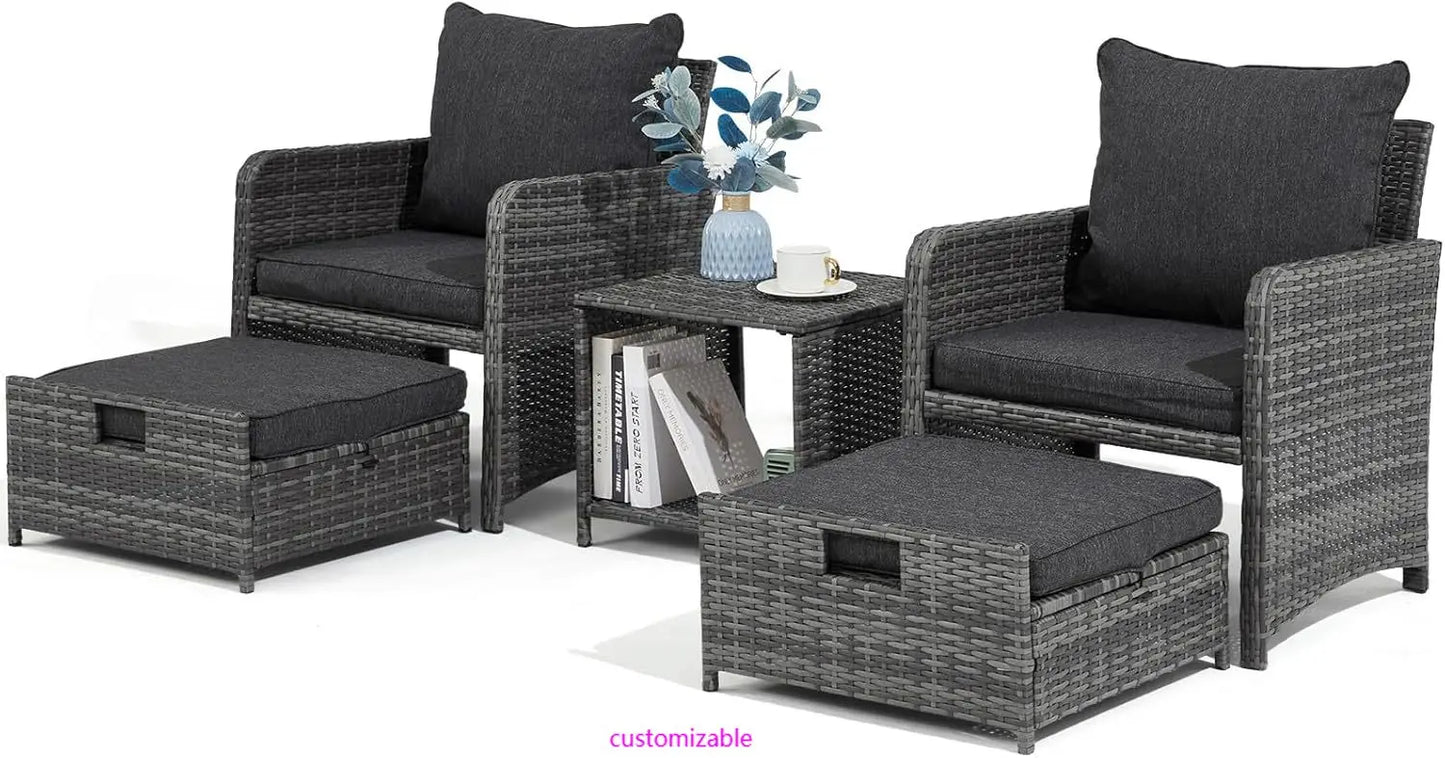 Wicker Patio Furniture Set, Balcony Furniture with Ottoman & Side Table for Lawn Pool Garden (Grey&Grey Rattan)