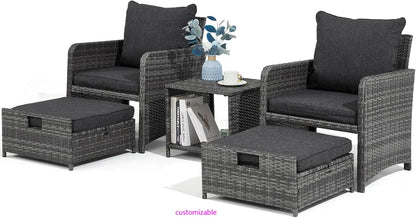 Wicker Patio Furniture Set, Balcony Furniture with Ottoman & Side Table for Lawn Pool Garden (Grey&Grey Rattan)