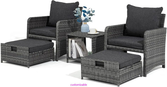 Wicker Patio Furniture Set, Balcony Furniture with Ottoman & Side Table for Lawn Pool Garden (Grey&Grey Rattan)