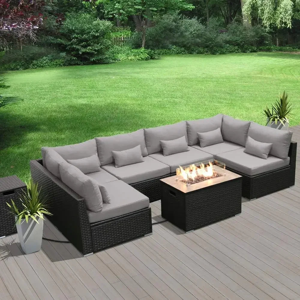 Fire Table Set Sectional Outdoor Furniture Propane Firepit Dark Brown Rattan Outdoor Sofa Set (with a rectangular/square table)