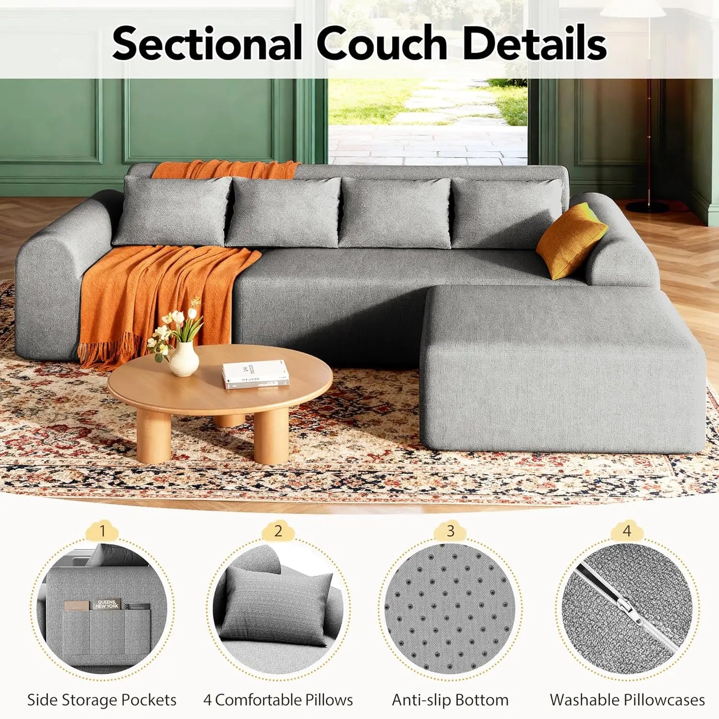 105.5" Cloud Boneless Sectional Sofa for Living Room, 4-Seater L-Shaped Comfy Couch with Ottoman, 4 Pillows, Deep, Customized