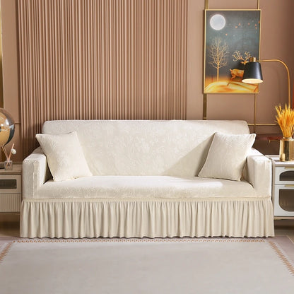 Luxury 1/2/3/4 Seater Slipcover with Elegant Skirt Solid Color Thickened Crystal Velvet Jacquard European Full Cover Non-Slip