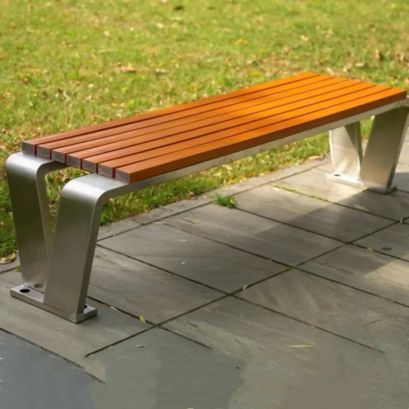 Banc de jardin extérieur moderne en acier inoxydable, chaise populaire, sièges d'entrée et de parc sans dossier, finition bois, offre spéciale