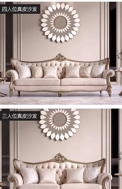 French cream wind solid wood leather living room sofa combination luxury villa sofa high-end luxury