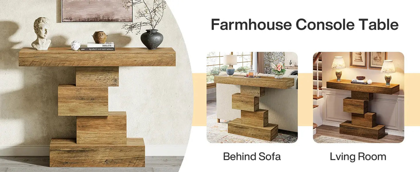 Tribesigns 42.5" Farmhouse Console Table, Narrow Wood Sofa Table Behind Couch with Geometric Base, Industrial Entryway Accent Ta