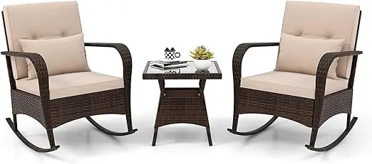 3 Pieces Patio Furniture Set, Outdoor Wicker Rocking Chairs with Cushions, Pillows, Glass Coffee Table, Rattan Bistro Rocker Se
