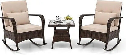 3 Pieces Patio Furniture Set, Outdoor Wicker Rocking Chairs with Cushions, Pillows, Glass Coffee Table, Rattan Bistro Rocker Se