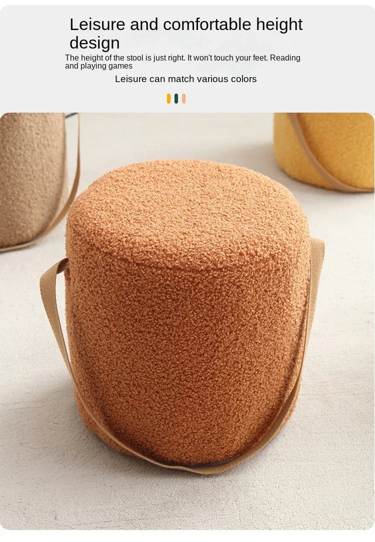 Lamb Velvet Round Stool for Living Room, Multi-Purpose Ottoman for Sofa & Coffee Table, Compact Home Decor Stool