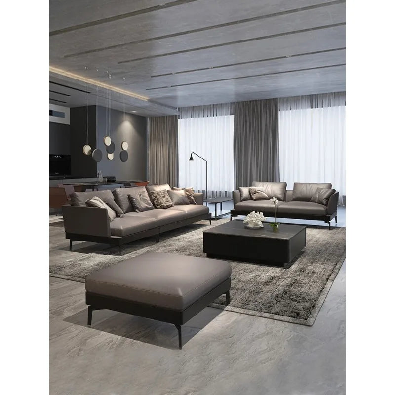 Italian sofa light luxury nappa leather furniture large apartment living room gray Nordic simple modern Hong Kong model room