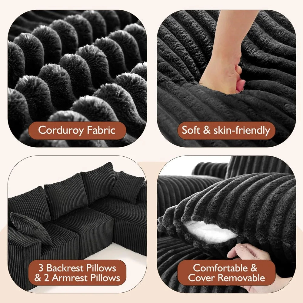 Modern Minimalist Sectional Sofa: L-Shape Cloud Couch with Deep Seats Right Chaise - Black
