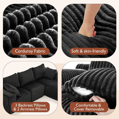 Modern Minimalist Sectional Sofa: L-Shape Cloud Couch with Deep Seats Right Chaise - Black