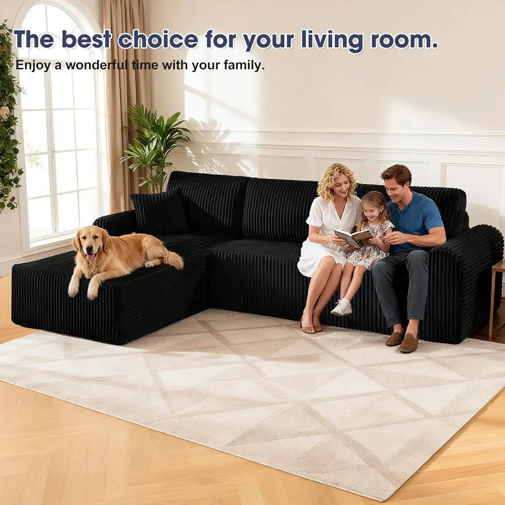 Black Corduroy L-Shaped Sofa with Chaise, Deep Seating, No Assembly Needed for Living Room or Bedroom