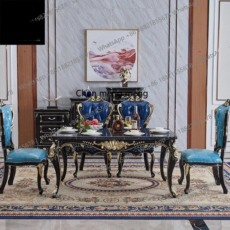 Marble dining table and chair combination European solid wood carving flower rectangular restaurant household dining table