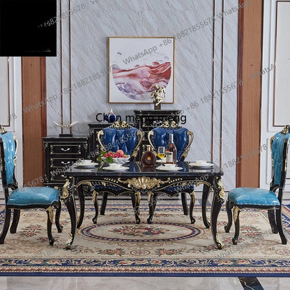 Marble dining table and chair combination European solid wood carving flower rectangular restaurant household dining table