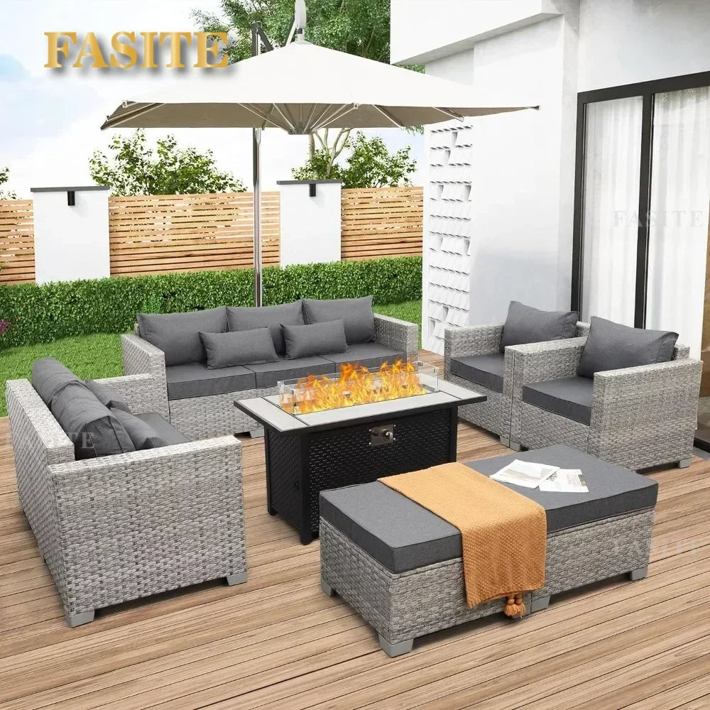 Garden Furniture Set 7 Piece, Patio Couch Sets Chair, PE Rattan Sectional with 45" Fire Pit Table, Garden Furniture Set