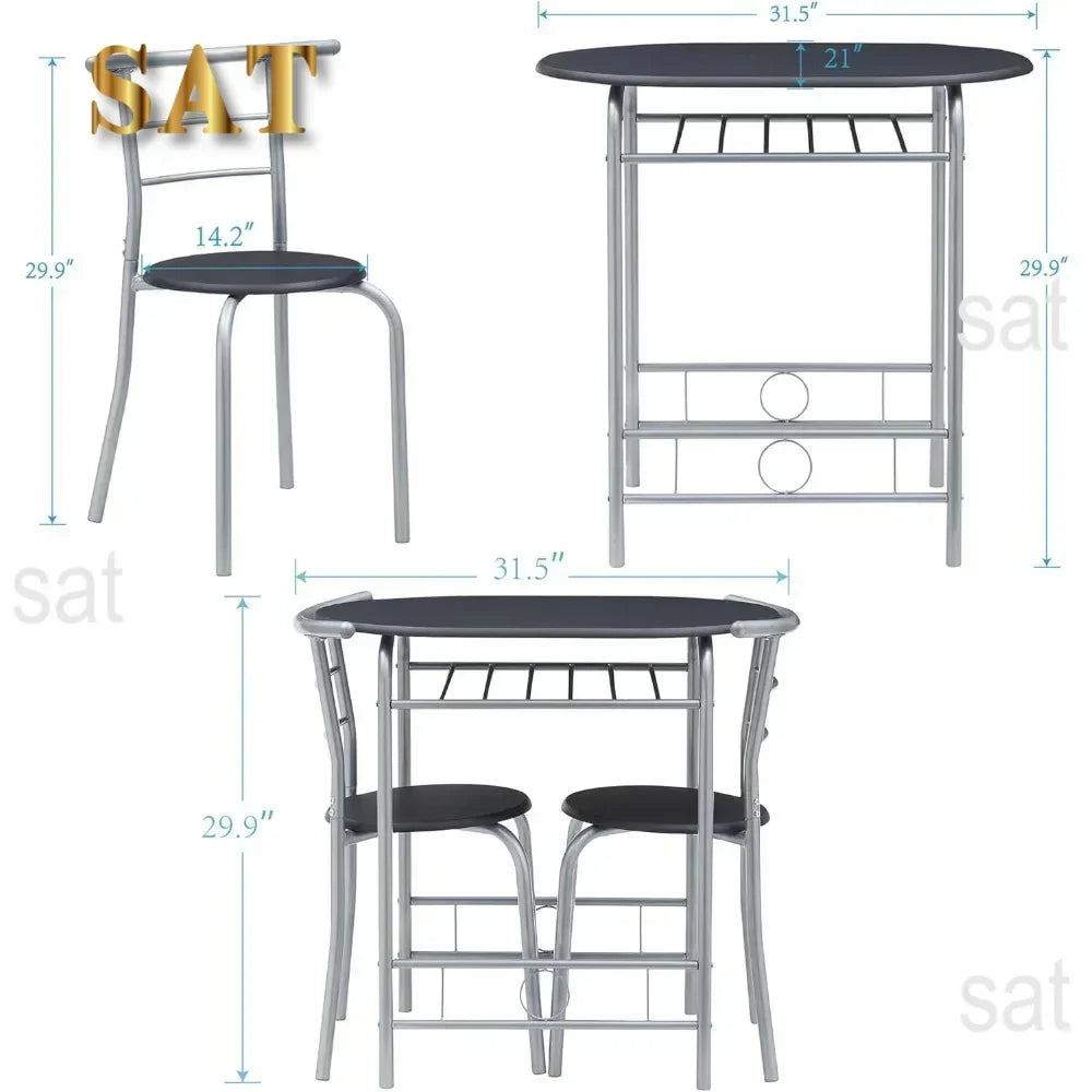 v 3 Piece Small Round Dining Table Set for Kitchen Breakfast Nook, Wood Grain Tabletop with Wine Storage Rack, Save Space, 31.