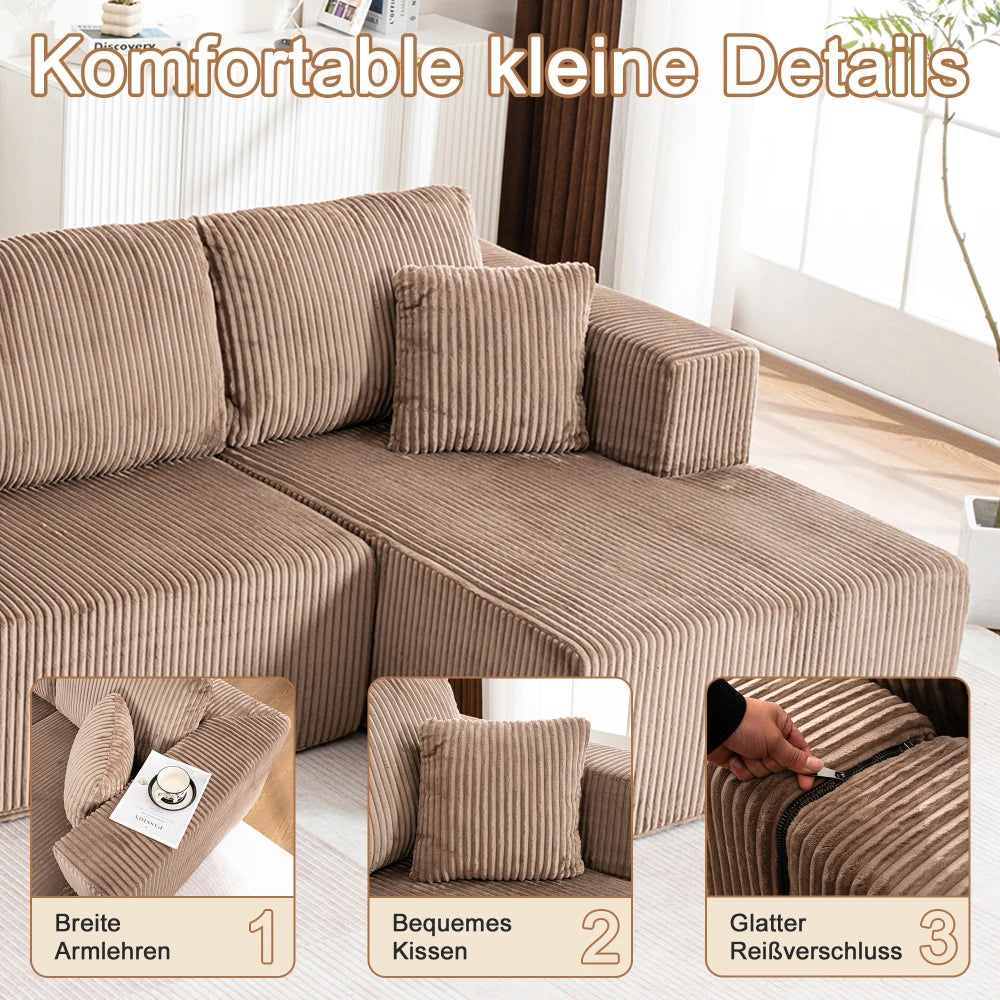 Living Room Boneless Modular Sofa, Corduroy Fabric, Modern U-shaped Leisure Sofa, High-density Sponge, No Assembly, for Home
