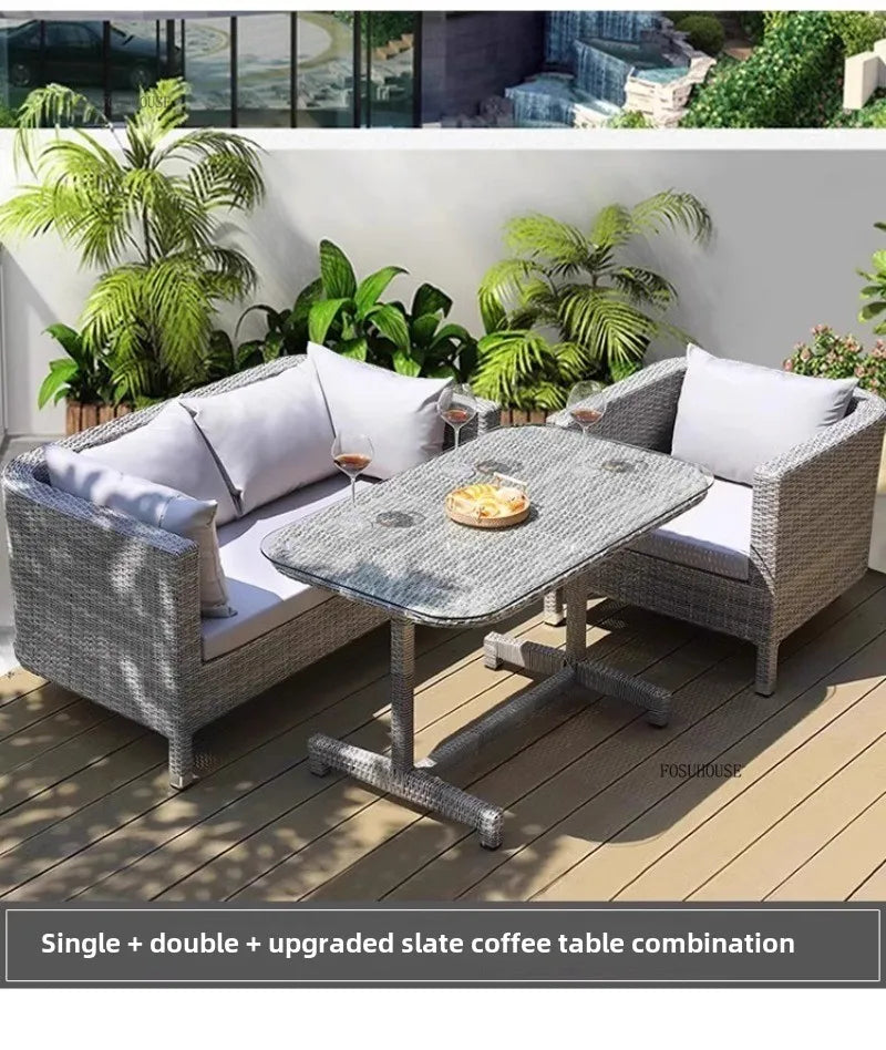European Outdoor Garden Sofas Leisure PE Rattan Garden Terrace Sofa Chair Set Courtyard Balcony Double Sofa Outdoor Furniture AA