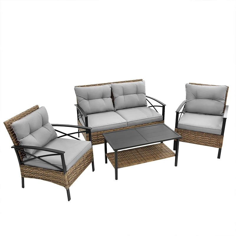 Patio 4 piece sectional low dining conversation sofa set- KD rattan wicker outdoor garden furniture corner sofa set with cushion