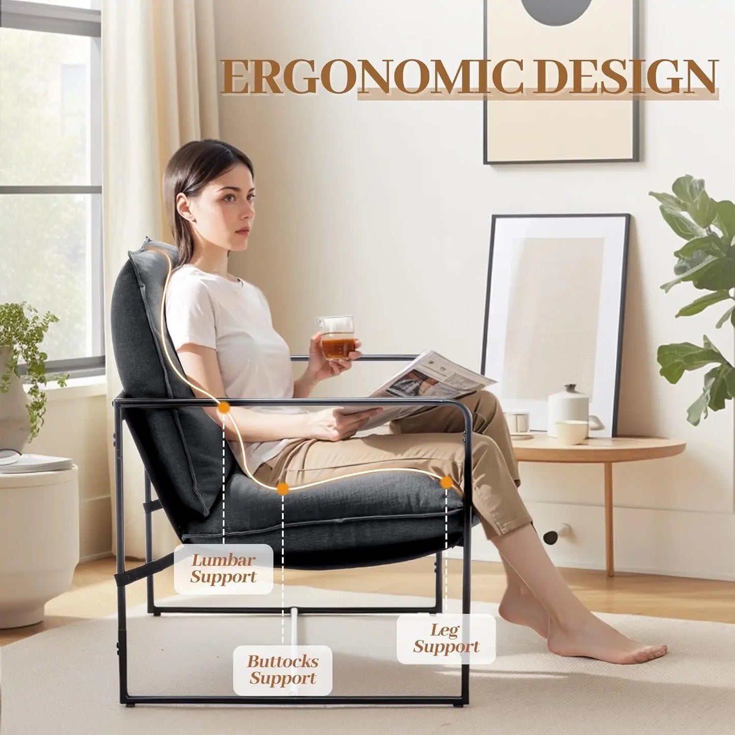 Modern Mid-Century Accent Chair, Metal Frame Armchair with Upholstered Foam Cushion for Living Room, Bedroom, Office