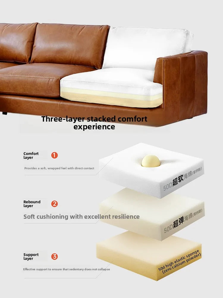 leather sofa, antique milk brown first layer cowhide L-shaped concubine seat in the living room, American retro leather sofa