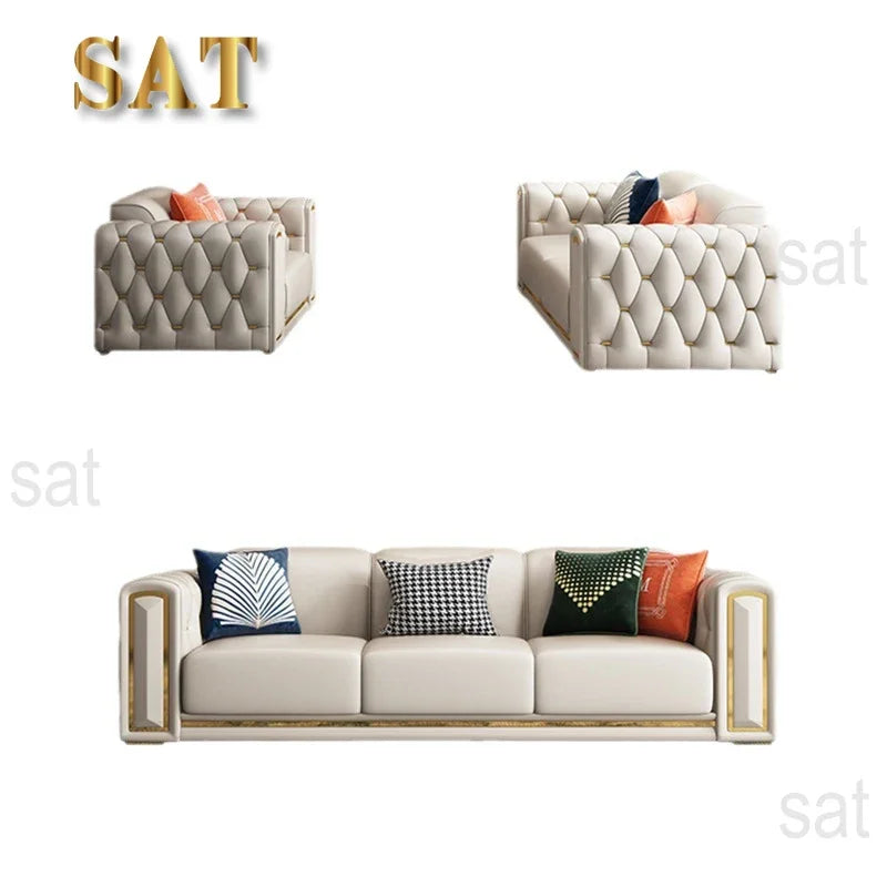 A Modern Modular Sofa Simple Leather Living Room Sofas Light Luxury 3 Seater Classic White Leather Soft Single Sofa