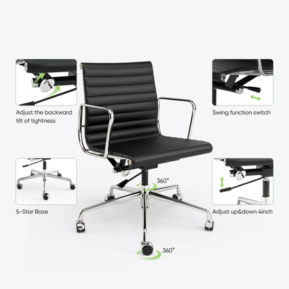 High Mid Back Ribbed Office Chair Genuine Leather Swivel Chair Adjustable Ergonomic Computer Chair with Aluminium Alloy Frame