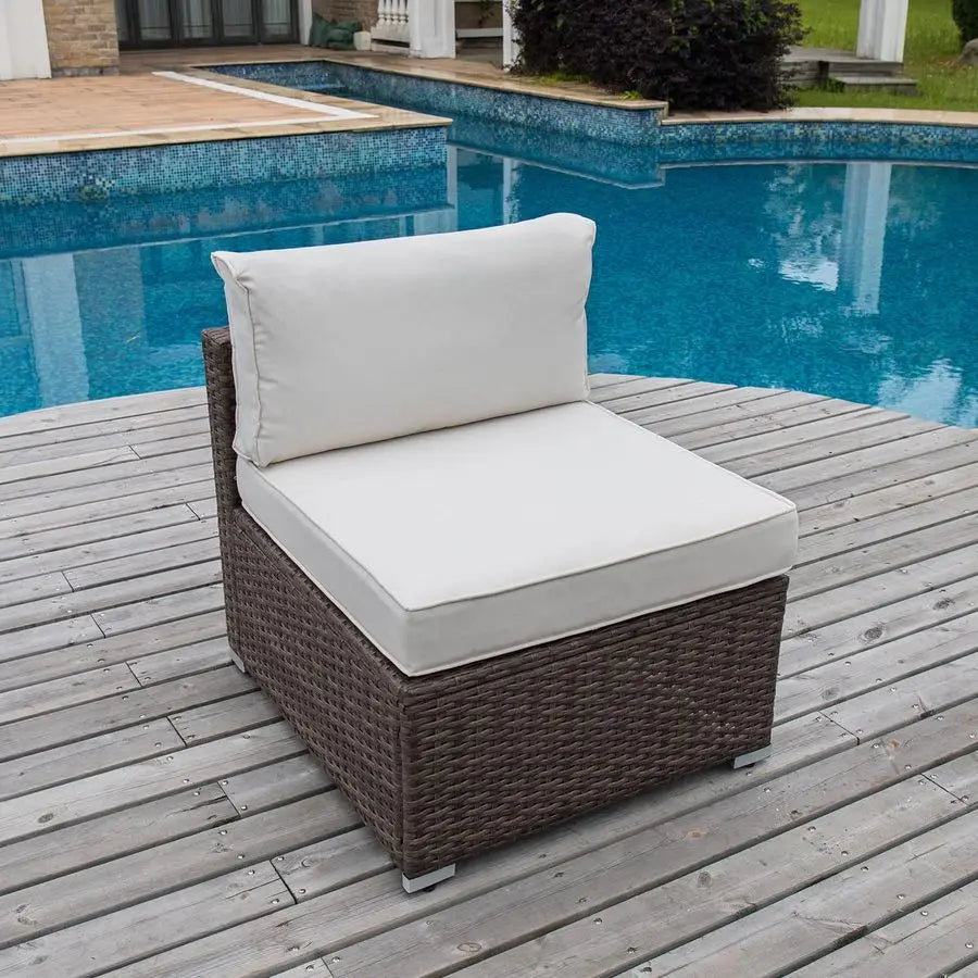 Outdoor Furniture Addon Armless Chair for Expanding Wicker Sectional Sofa Set w Off White Thick Cushions for Garden, Pool, Backy