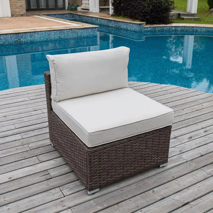Outdoor Furniture Addon Armless Chair for Expanding Wicker Sectional Sofa Set w Off White Thick Cushions for Garden, Pool, Backy