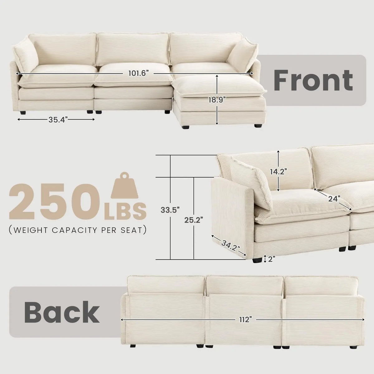 Oversized Modular Sectional Sofa with Movable Ottoman, 112 Inch 4 Seat Modern Corduroy Sofa Set, Convertible L Shaped Couch