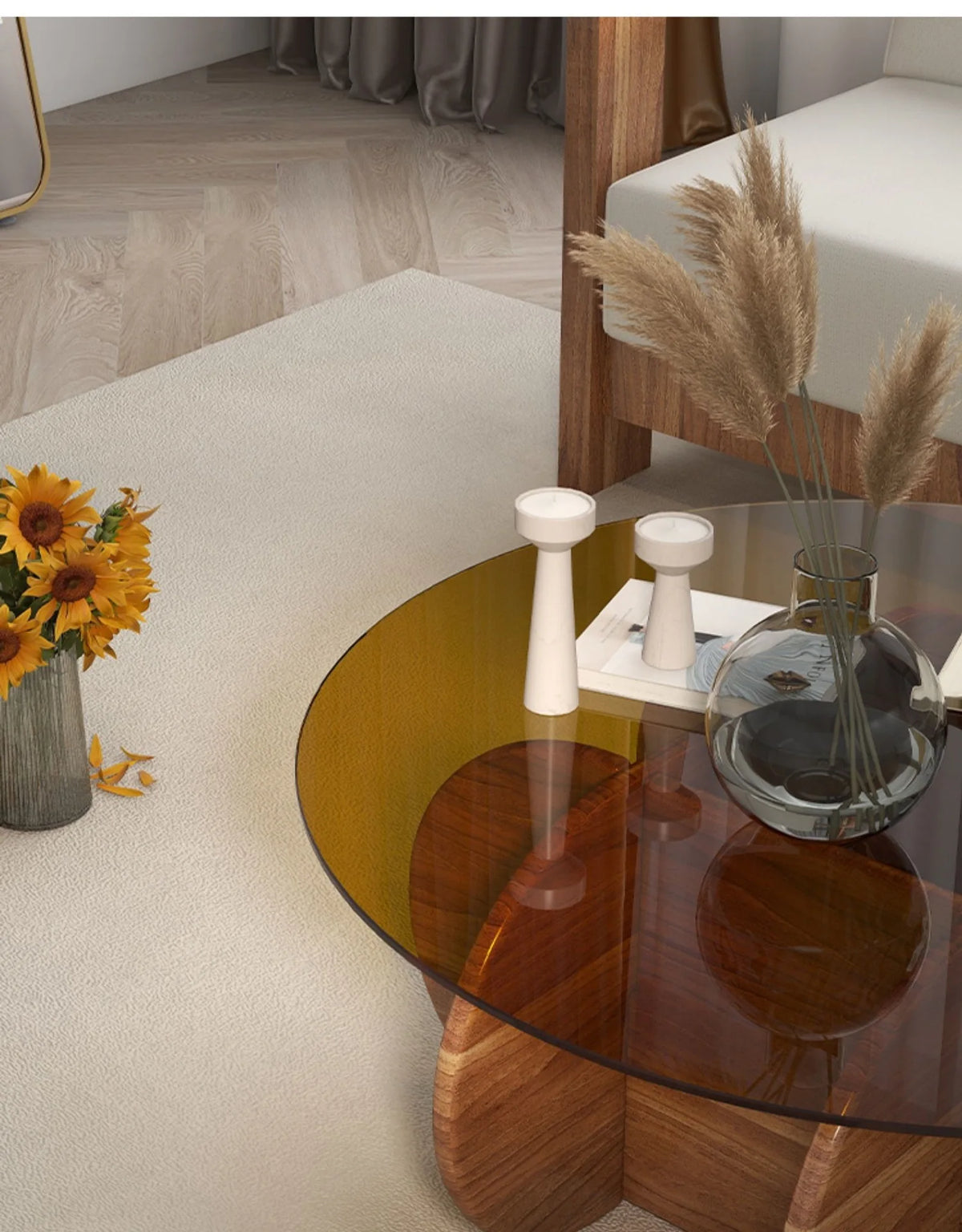 Table basse en verre de luxe légère, moderne, simple, petit appartement, salon, ronde, bois massif, maison, design créatif, table d'appoint de canapé
