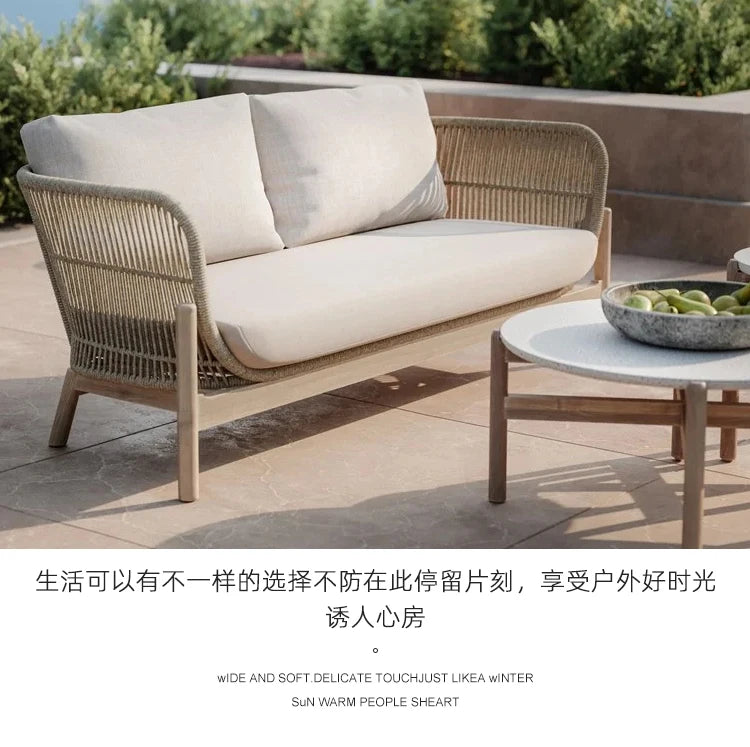 Nordic solid wood outdoor leisure rattan antiseptic wood sofa waterproof and sunscreen courtyard model room teak furniture