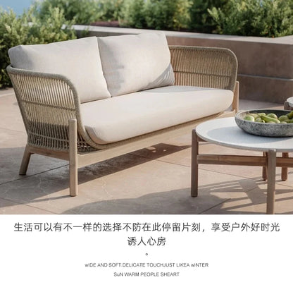Nordic solid wood outdoor leisure rattan antiseptic wood sofa waterproof and sunscreen courtyard model room teak furniture