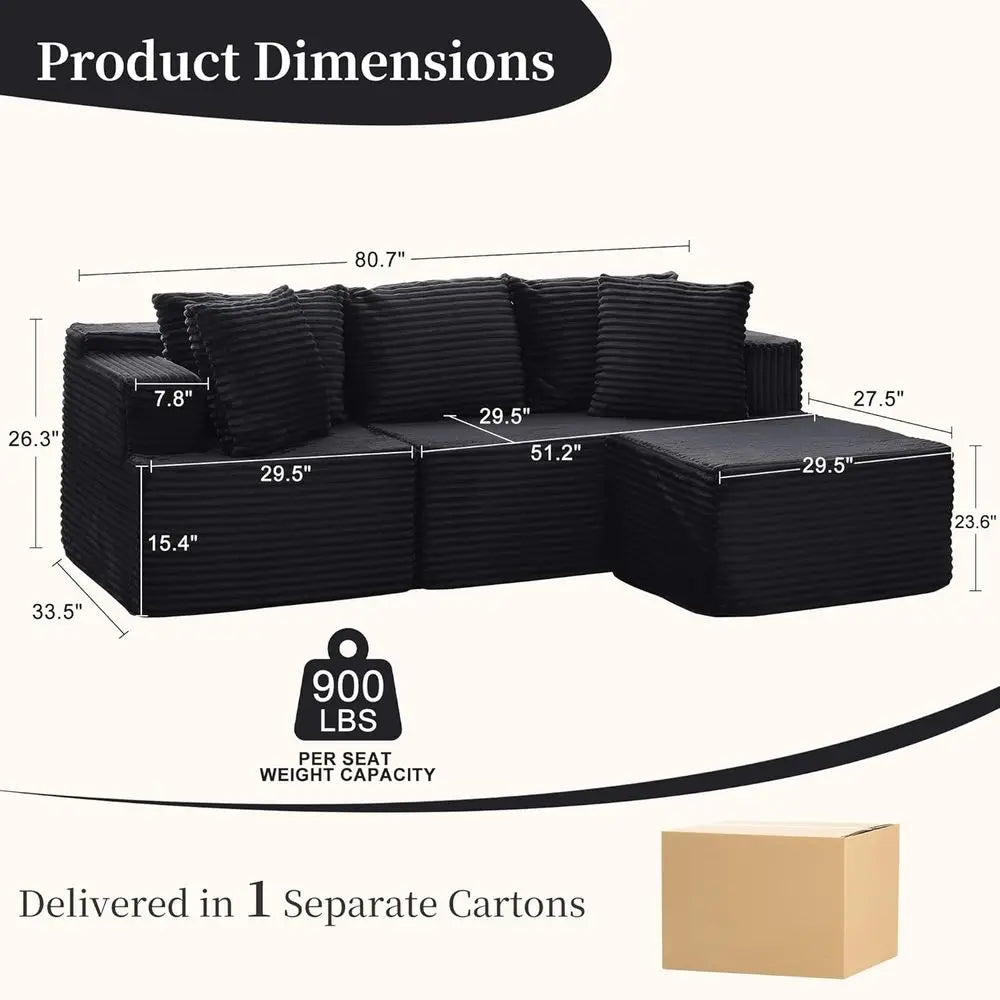 80 L-Shaped Sectional Sofa with Deep Seating and Ottoman, Comfortable Corduroy, Living Room, Bedroom, Easy Setup
