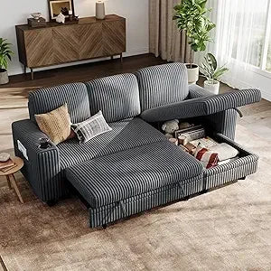 Convertible Plush Corduroy Cloud Couch with Storage Chaise & USB Charging