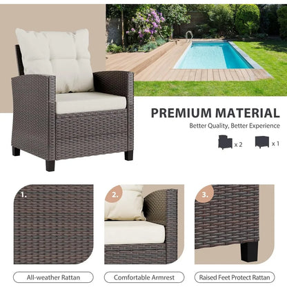 Small Outdoor Wicker Bistro Set with Cushioned Chairs - Patio Furniture for Front Porch Conversation Area