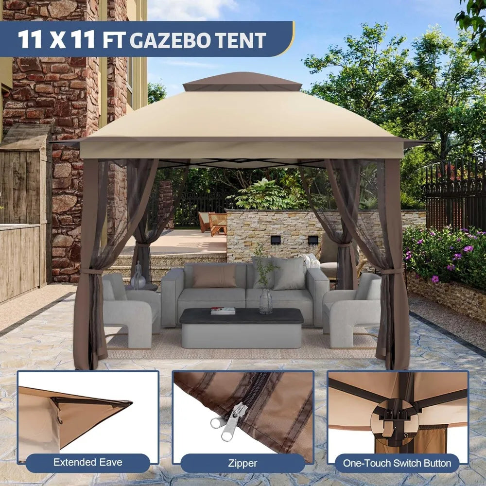 11'X11' Gazebo Pop Up with 4 Sidewalls Mosquito Netting, Heavy Duty Patio Gazebo Canopy Tent with Double Air Roofs for Backyards