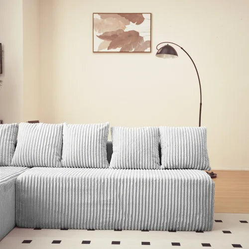 Modular U-Shaped Sectional Sofa,Striped Corduroy Fabric in grey – Living Room or Bedroom Couch, Freely Configurable Layout.