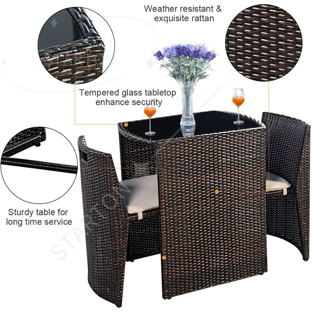 3 PCS Cushioned Outdoor Wicker Patio Set Garden Lawn Space Saving Conversation Sofa Furniture