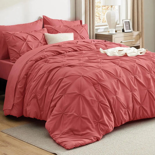 California King Comforter Set Coral Red Bed in a Bag California King 7 Pieces GentleSoft™ Pintuck Bed Set Gift for Family Pinch