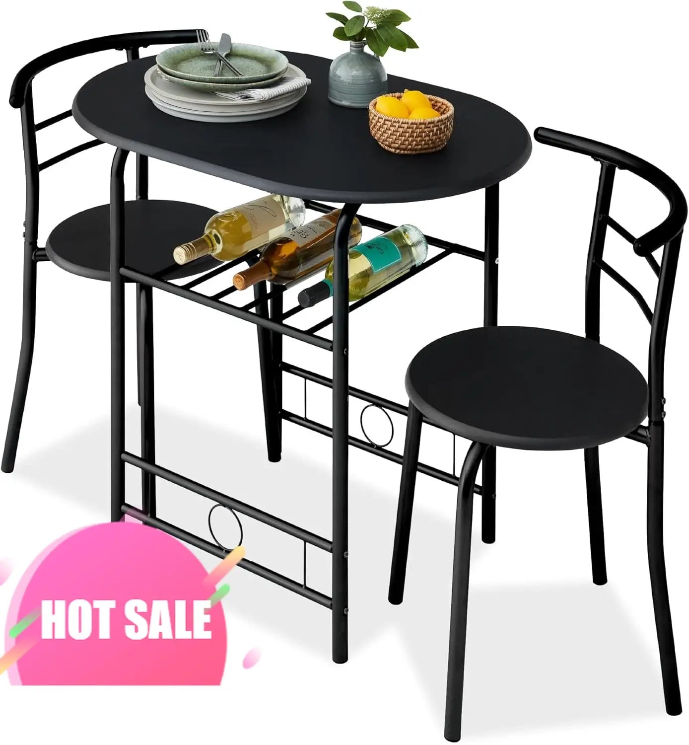 NICE 3-Piece Wooden Round Table & Chair Set for Kitchen, Dining Room, Compact Space w/Steel Frame, Built-in Wine Rack - Black