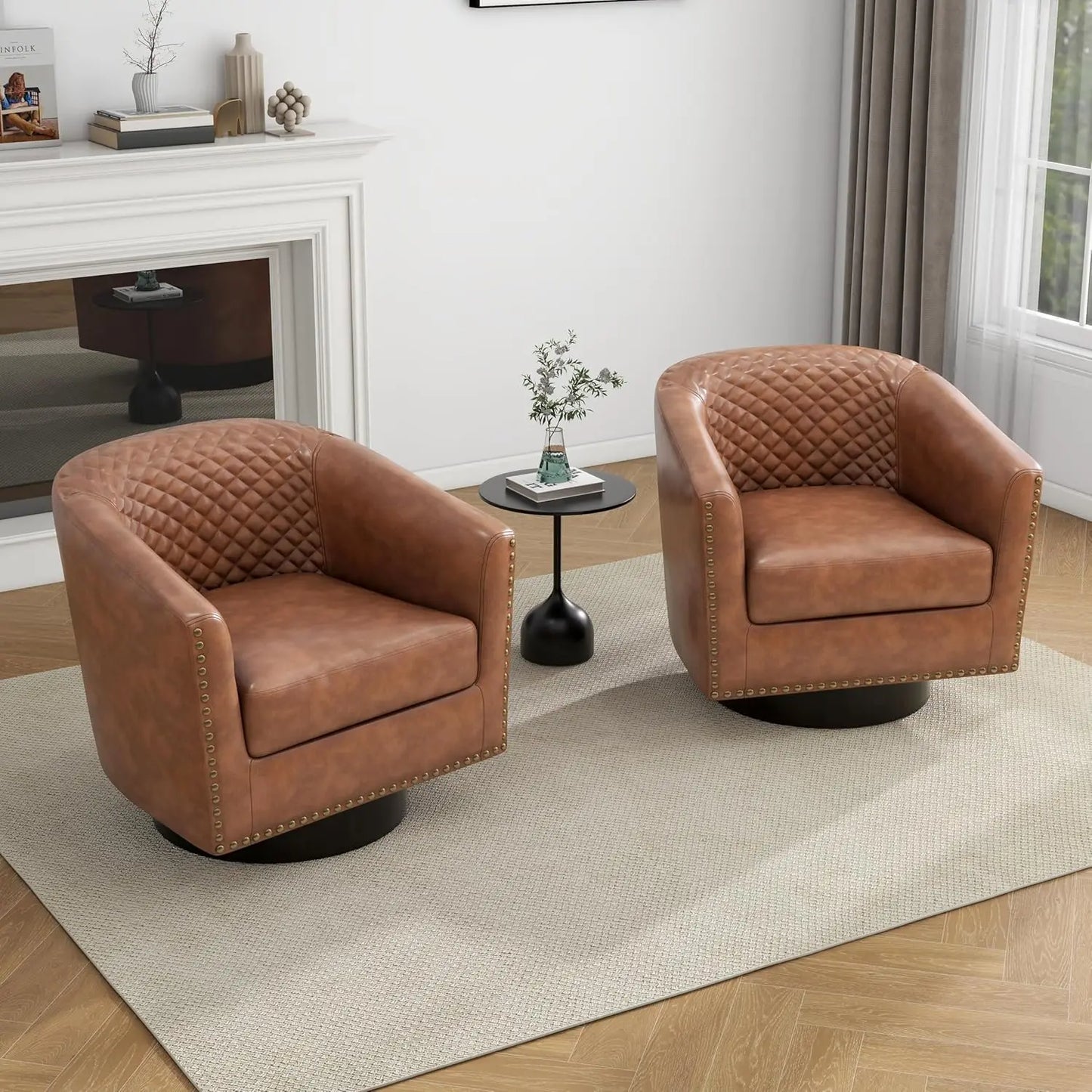 Faux Leather Barrel Accent Chairs Set of 2, Round Club Chair Modern Upholstered Armchair for Living Room, Comfy Nailed Trim Arm