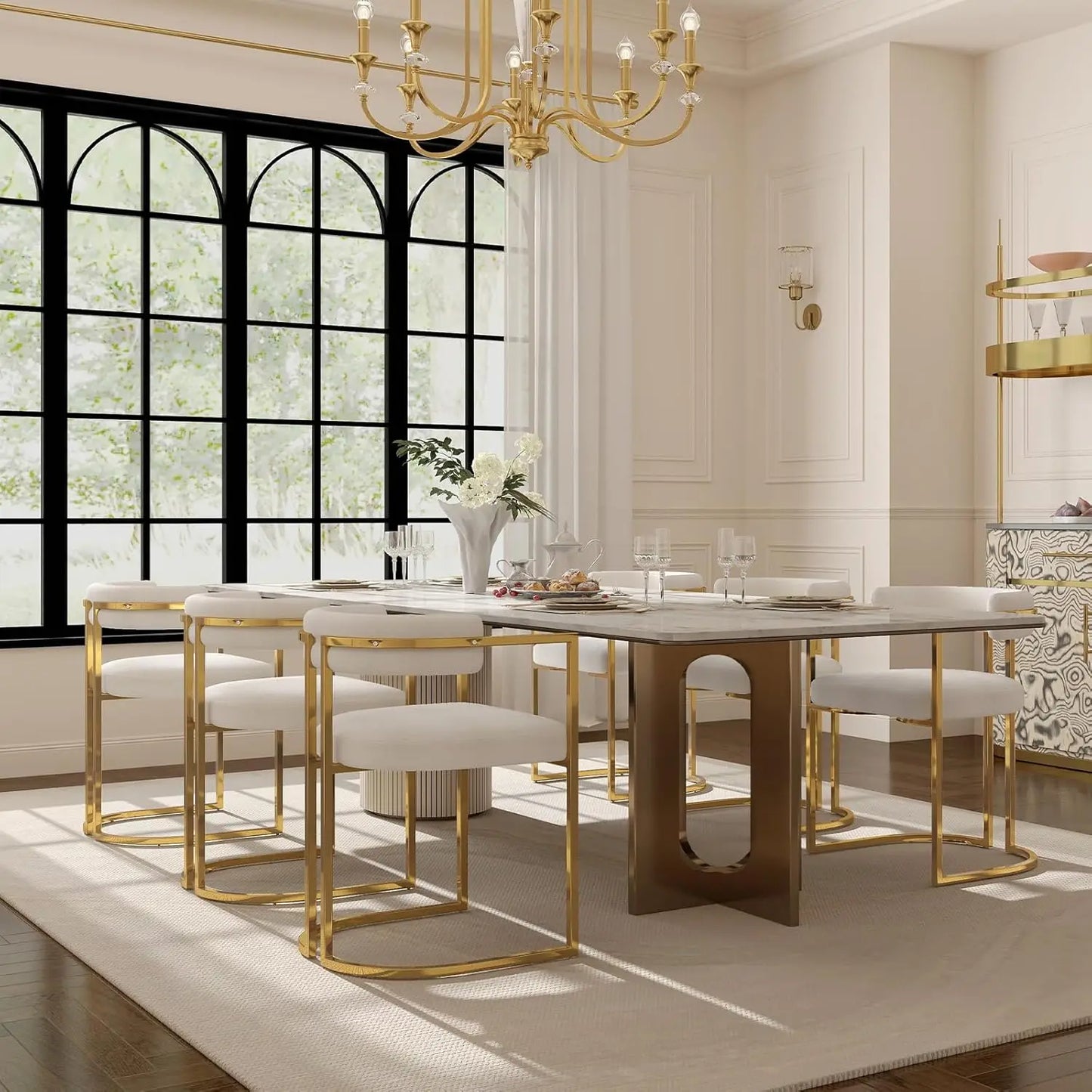 White Chenille Upholstered Dining Chairs Set of 4, Modern Dining Chair with Gold Legs, Kitchen Room Chairs Open Back Barrel Dini