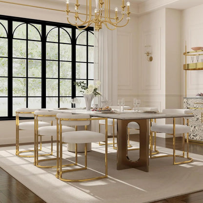 White Chenille Upholstered Dining Chairs Set of 4, Modern Dining Chair with Gold Legs, Kitchen Room Chairs Open Back Barrel Dini