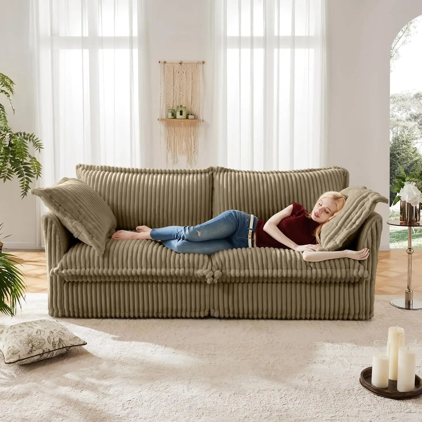 Comfortable modern three seater sofa with soft armrests, deep seated sofa with multiple soft large pillows