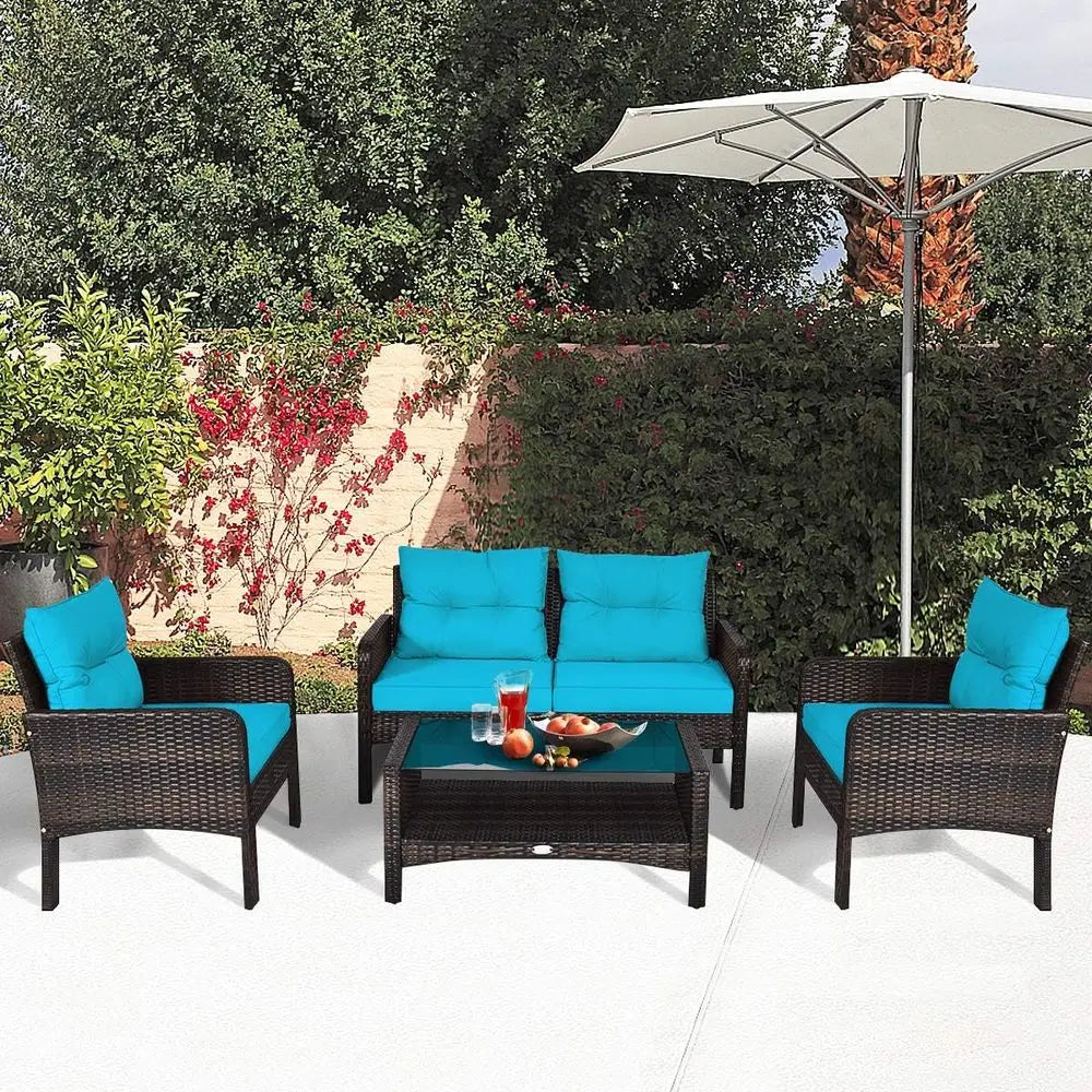 4-Piece Outdoor Wicker Patio Furniture Set with Coffee Table, Cushioned Sectional Sofa, Ideal for Garden and Poolside