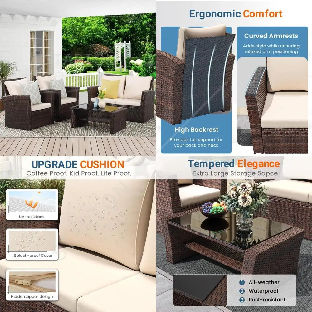 Outdoor Patio Furniture Set，4-Piece Wicker Conversation Set with Brown Rattan Sofa and Cushions for Deck or Porch