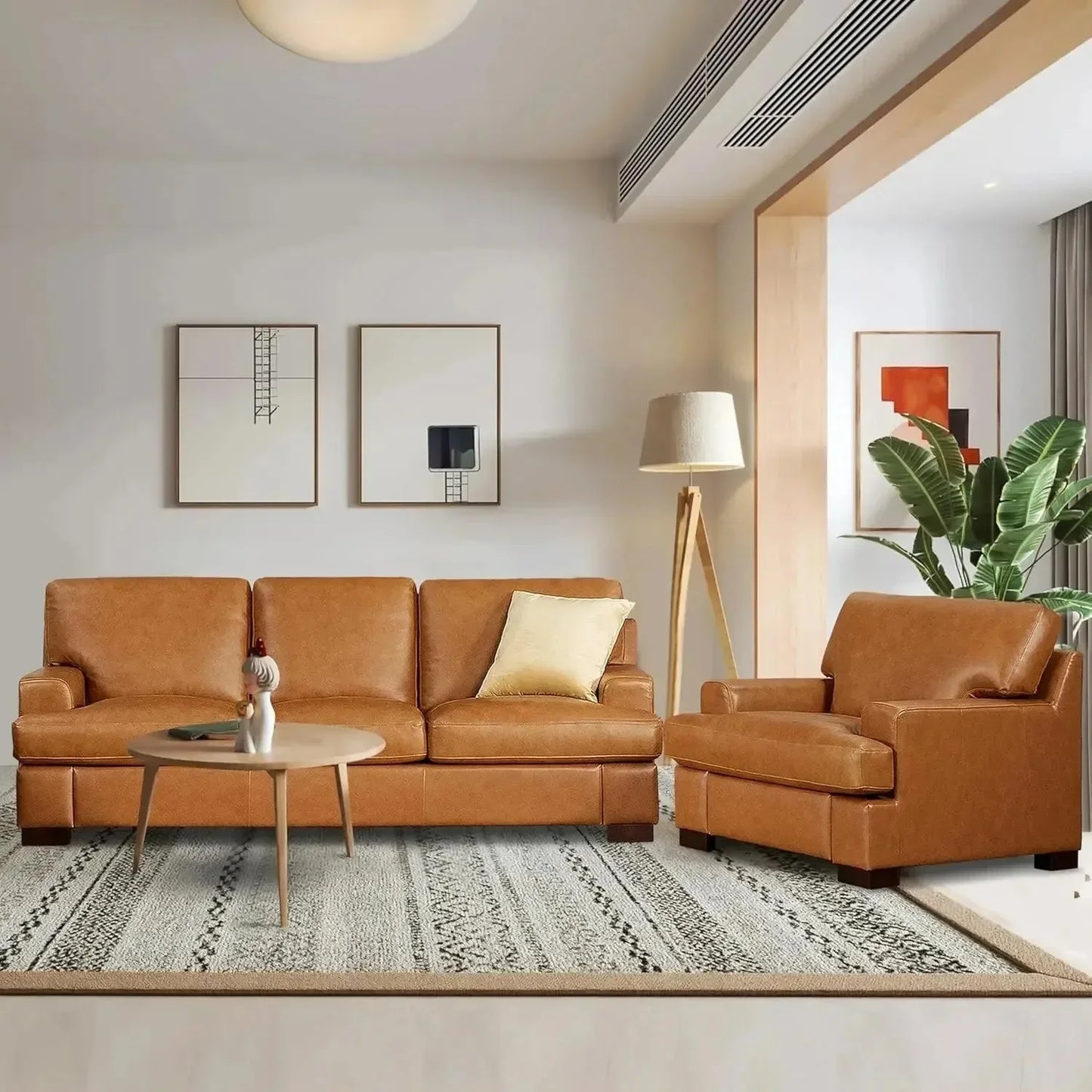 Genuine Leather Sofa - Luxurious Comfort, Goose Feather Cushion Filling, Square Arm Design, Sturdy Block Legs,