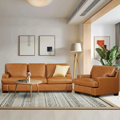 Genuine Leather Sofa - Luxurious Comfort, Goose Feather Cushion Filling, Square Arm Design, Sturdy Block Legs,